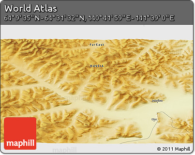 Physical 3D Map of the Area around 64° 20' 33" N, 141° 10' 30" E