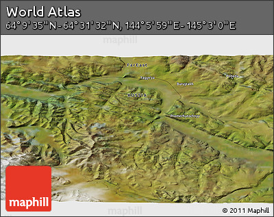 Satellite 3D Map of the Area around 64° 20' 33" N, 144° 34' 29" E