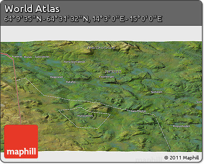 Satellite 3D Map of the Area around 64° 20' 33" N, 14° 31' 30" E