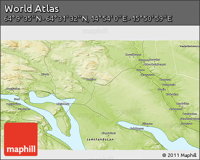 Physical 3D Map of the Area around 64° 20' 33" N, 15° 22' 30" E