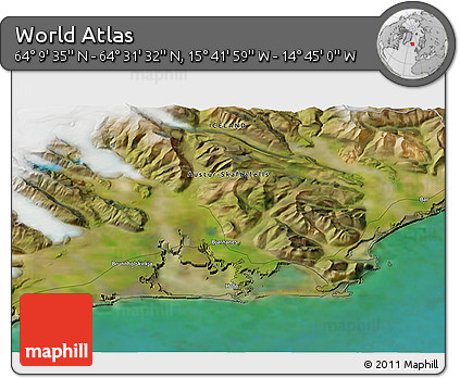 Satellite 3D Map of the Area around 64° 20' 33" N, 15° 13' 29" W