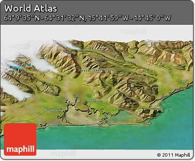 Satellite 3D Map of the Area around 64° 20' 33" N, 15° 13' 29" W