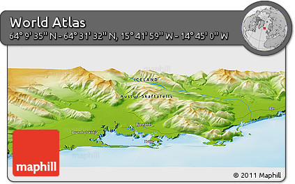 Physical Panoramic Map of the Area around 64° 20' 33" N, 15° 13' 29" W