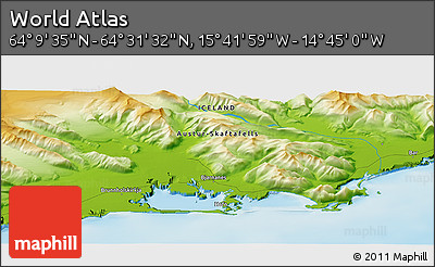 Physical Panoramic Map of the Area around 64° 20' 33" N, 15° 13' 29" W