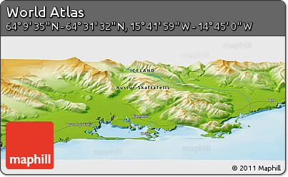 Physical Panoramic Map of the Area around 64° 20' 33" N, 15° 13' 29" W