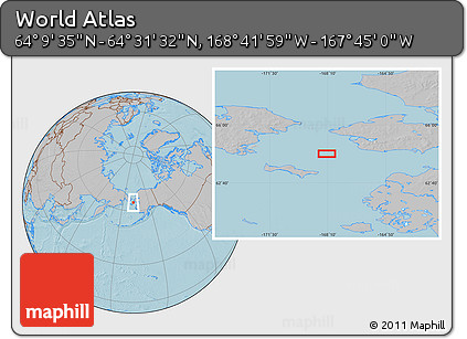 Gray Location Map of the Area around 64° 20' 33" N, 168° 13' 29" W, hill shading