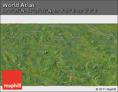 Satellite 3D Map of the Area around 64° 20' 33" N, 19° 37' 30" E