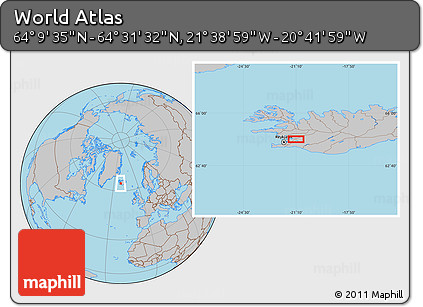 Gray Location Map of the Area around 64° 20' 33" N, 21° 10' 29" W