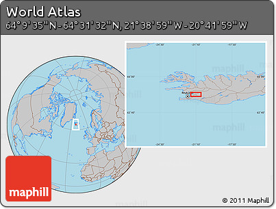 Gray Location Map of the Area around 64° 20' 33" N, 21° 10' 29" W