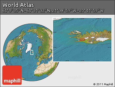 Satellite Location Map of the Area around 64° 20' 33" N, 21° 10' 29" W