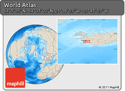 Shaded Relief Location Map of the Area around 64° 20' 33" N, 21° 10' 29" W