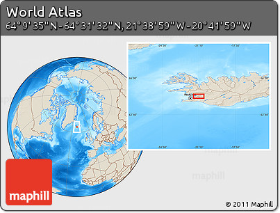 Shaded Relief Location Map of the Area around 64° 20' 33" N, 21° 10' 29" W