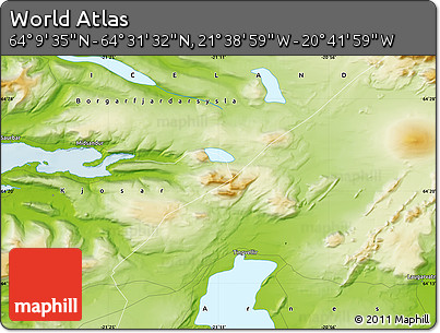 Physical Map of the Area around 64° 20' 33" N, 21° 10' 29" W