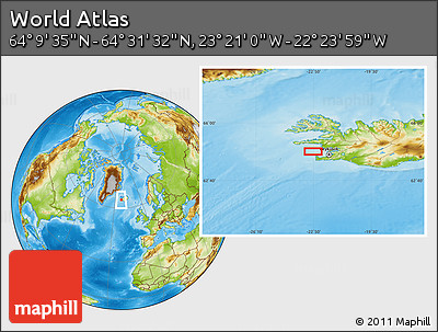 Physical Location Map of the Area around 64°&nbsp;20'&nbsp;33"&nbsp;N,&nbsp;22°&nbsp;52'&nbsp;30"&nbsp;W