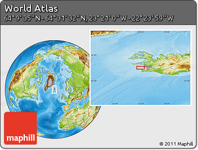 Physical Location Map of the Area around 64°&nbsp;20'&nbsp;33"&nbsp;N,&nbsp;22°&nbsp;52'&nbsp;30"&nbsp;W