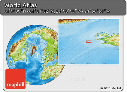 Physical Location Map of the Area around 64°&nbsp;20'&nbsp;33"&nbsp;N,&nbsp;25°&nbsp;25'&nbsp;29"&nbsp;W