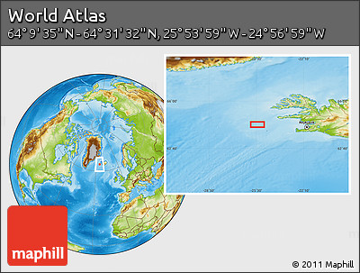 Physical Location Map of the Area around 64°&nbsp;20'&nbsp;33"&nbsp;N,&nbsp;25°&nbsp;25'&nbsp;29"&nbsp;W