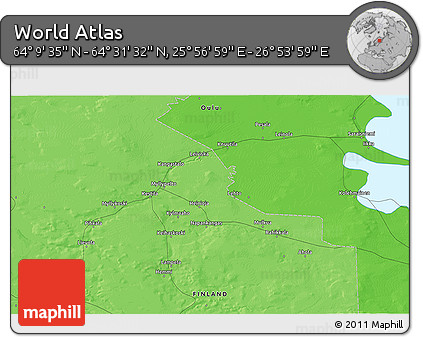 Political 3D Map of the Area around 64° 20' 33" N, 26° 25' 29" E