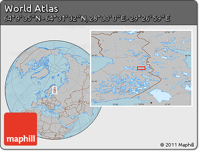 Gray Location Map of the Area around 64° 20' 33" N, 28° 58' 30" E, hill shading