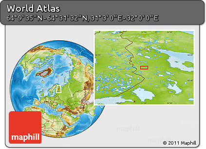 Physical Location Map of the Area around 64° 20' 33" N, 31° 31' 29" E
