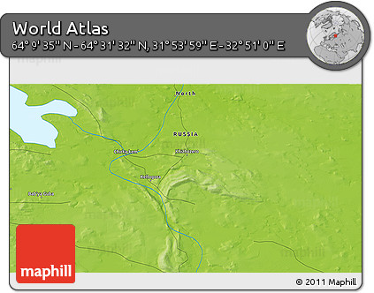 Physical 3D Map of the Area around 64° 20' 33" N, 32° 22' 30" E