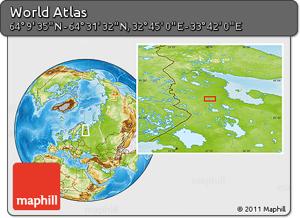 Physical Location Map of the Area around 64° 20' 33" N, 33° 13' 30" E