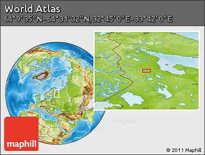 Physical Location Map of the Area around 64° 20' 33" N, 33° 13' 30" E