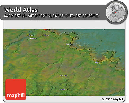 Satellite 3D Map of the Area around 64° 20' 33" N, 34° 55' 29" E