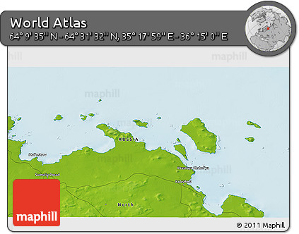 Physical 3D Map of the Area around 64° 20' 33" N, 35° 46' 29" E