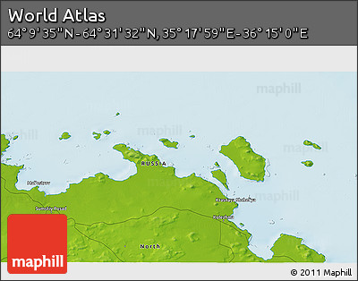 Physical 3D Map of the Area around 64° 20' 33" N, 35° 46' 29" E