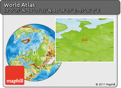 Physical Location Map of the Area around 64° 20' 33" N, 45° 7' 30" E