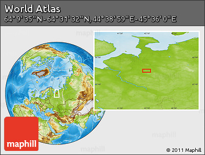 Physical Location Map of the Area around 64° 20' 33" N, 45° 7' 30" E