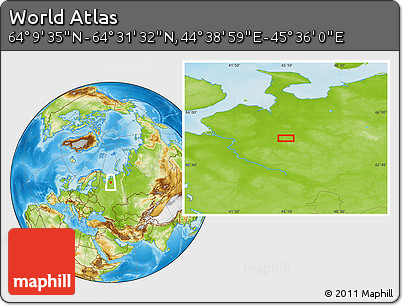Physical Location Map of the Area around 64° 20' 33" N, 45° 7' 30" E