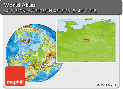 Physical Location Map of the Area around 64° 20' 33" N, 48° 31' 29" E