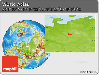 Physical Location Map of the Area around 64° 20' 33" N, 48° 31' 29" E
