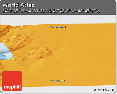 Political 3D Map of the Area around 64° 20' 33" N, 49° 13' 30" W