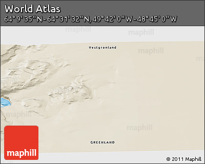 Shaded Relief 3D Map of the Area around 64° 20' 33" N, 49° 13' 30" W