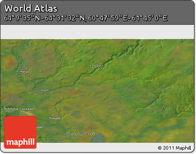 Satellite 3D Map of the Area around 64° 20' 33" N, 61° 16' 29" E