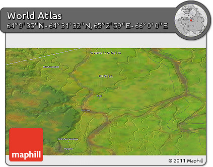 Satellite 3D Map of the Area around 64° 20' 33" N, 65° 31' 30" E