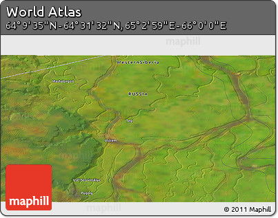 Satellite 3D Map of the Area around 64° 20' 33" N, 65° 31' 30" E