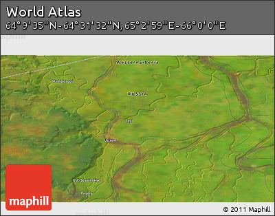 Satellite 3D Map of the Area around 64° 20' 33" N, 65° 31' 30" E