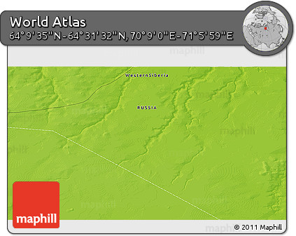 Physical 3D Map of the Area around 64° 20' 33" N, 70° 37' 30" E