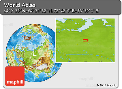 Physical Location Map of the Area around 64° 20' 33" N, 73° 10' 30" E