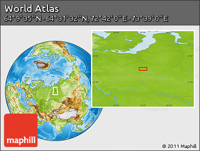 Physical Location Map of the Area around 64° 20' 33" N, 73° 10' 30" E