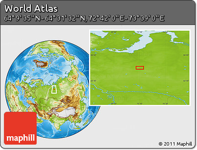 Physical Location Map of the Area around 64° 20' 33" N, 73° 10' 30" E