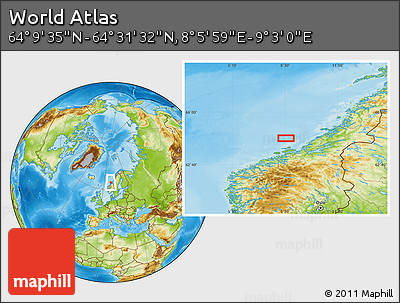 Physical Location Map of the Area around 64° 20' 33" N, 8° 34' 29" E