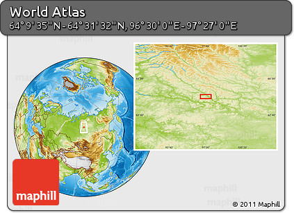 Physical Location Map of the Area around 64° 20' 33" N, 96° 58' 29" E