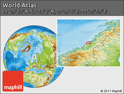 Physical Location Map of the Area around 64° 40' 8" N, 11° 7' 30" E