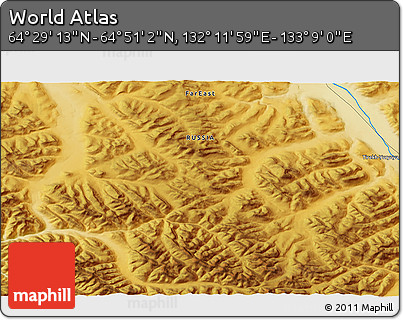 Physical 3D Map of the Area around 64° 40' 8" N, 132° 40' 30" E
