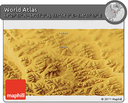 Physical 3D Map of the Area around 64° 40' 8" N, 134° 22' 30" E